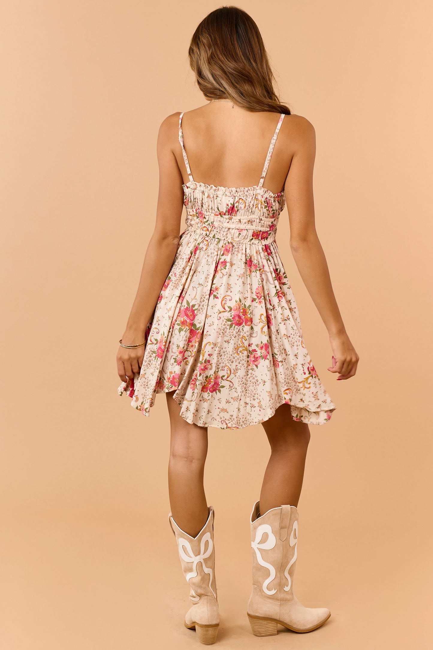 Almond Floral Print V-Neck Sleeveless Mini Dress