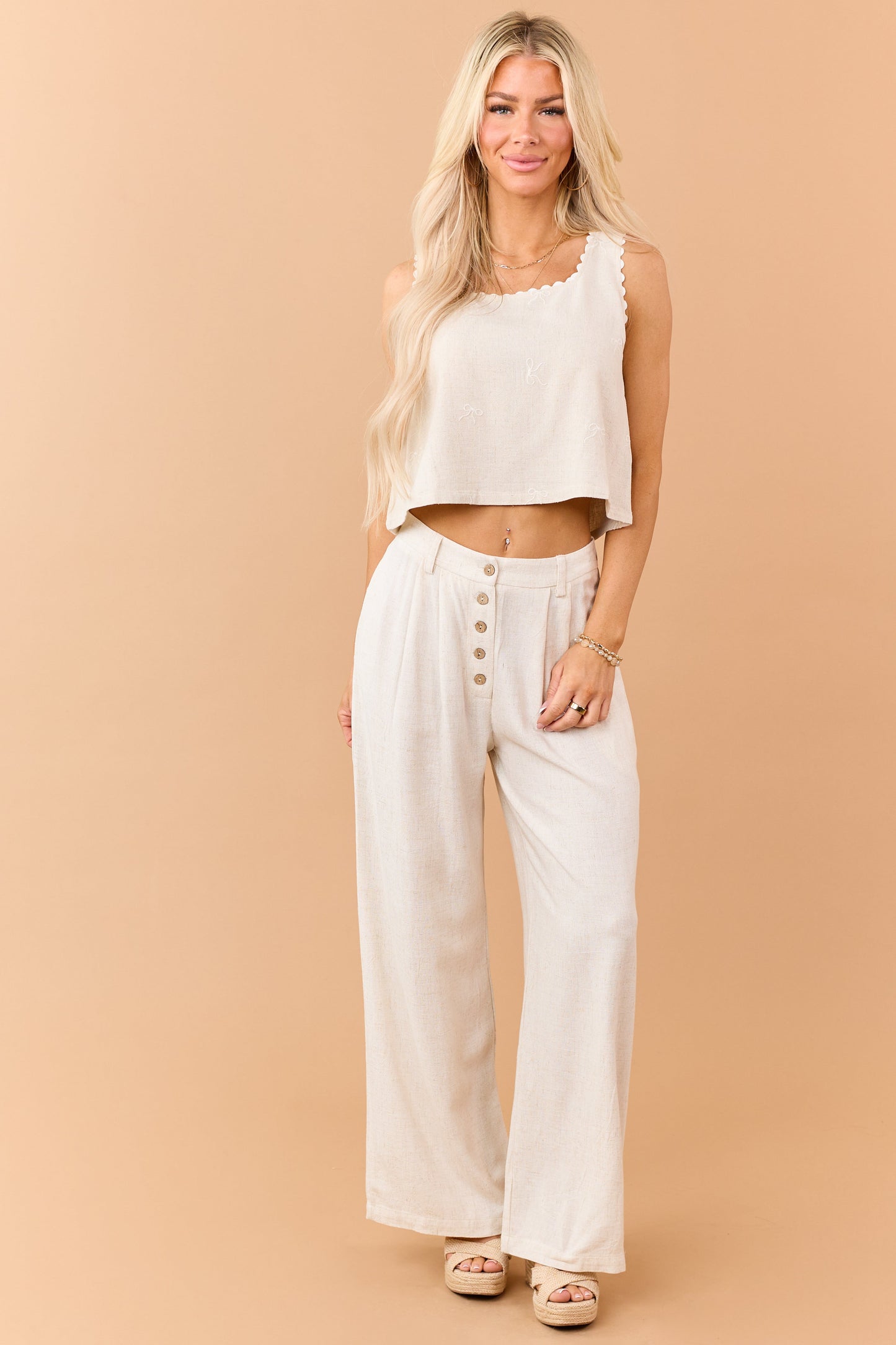 Almond Linen Blend Button Fly Wide Leg Pants