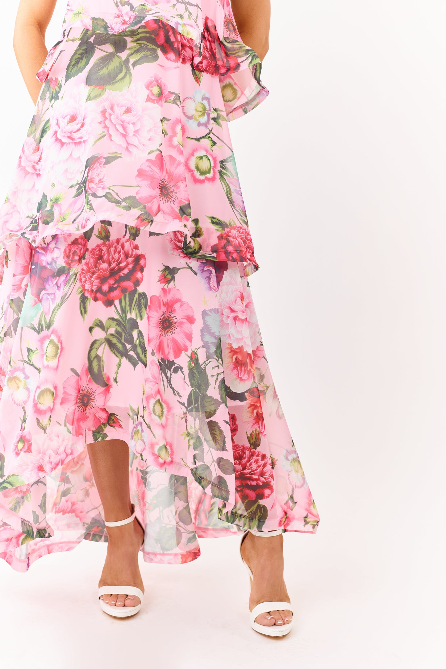 Baby Pink Chiffon Floral Print Tiered Maxi Dress
