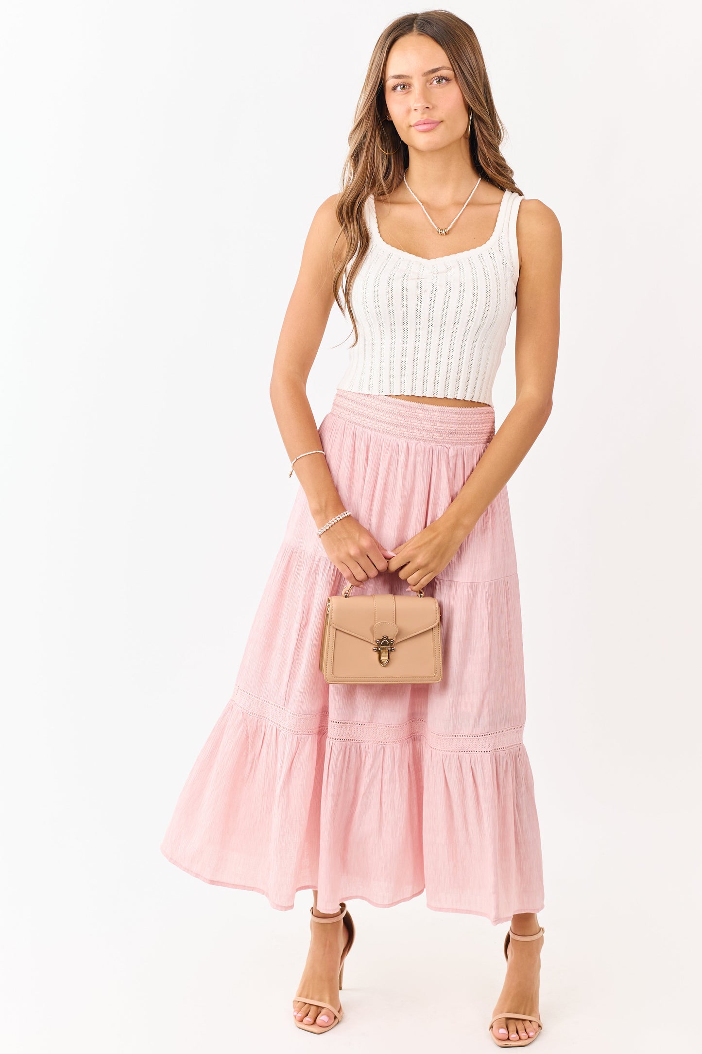 Baby Pink Tiered Smocked Waistband Midi Skirt
