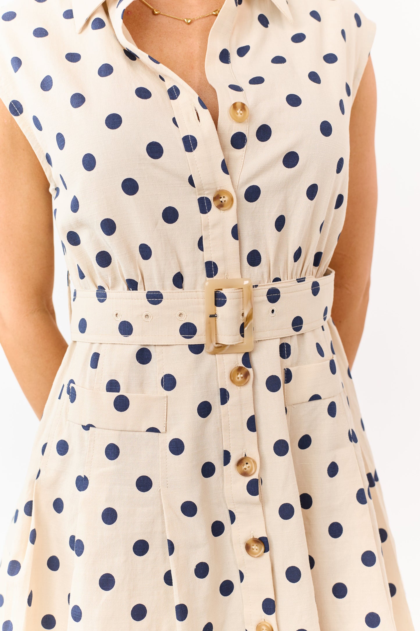 Beige and Navy Polka Dot Belted Mini Shirt Dress