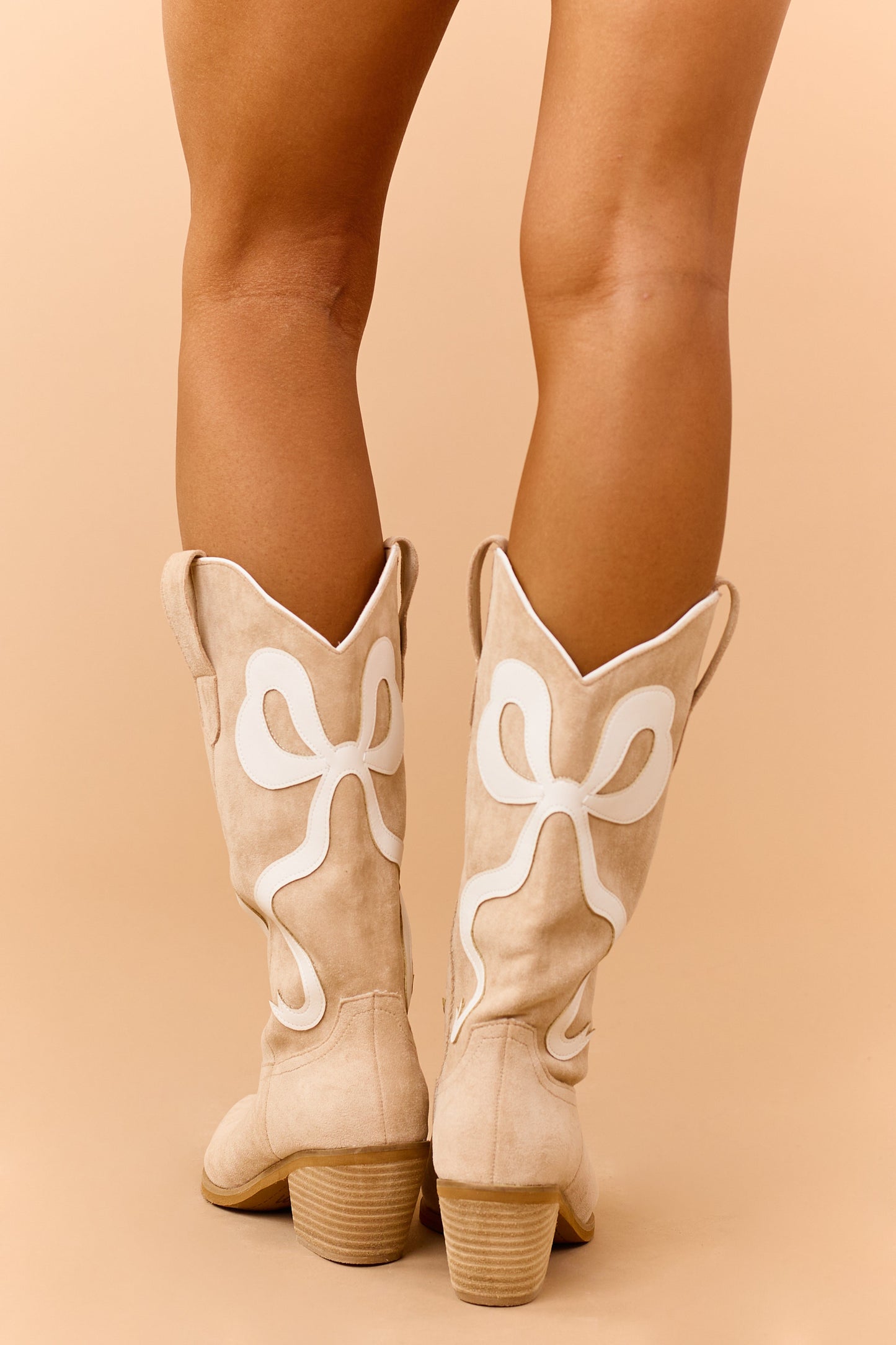 Beige Faux Suede Contrast Bow Western Boots