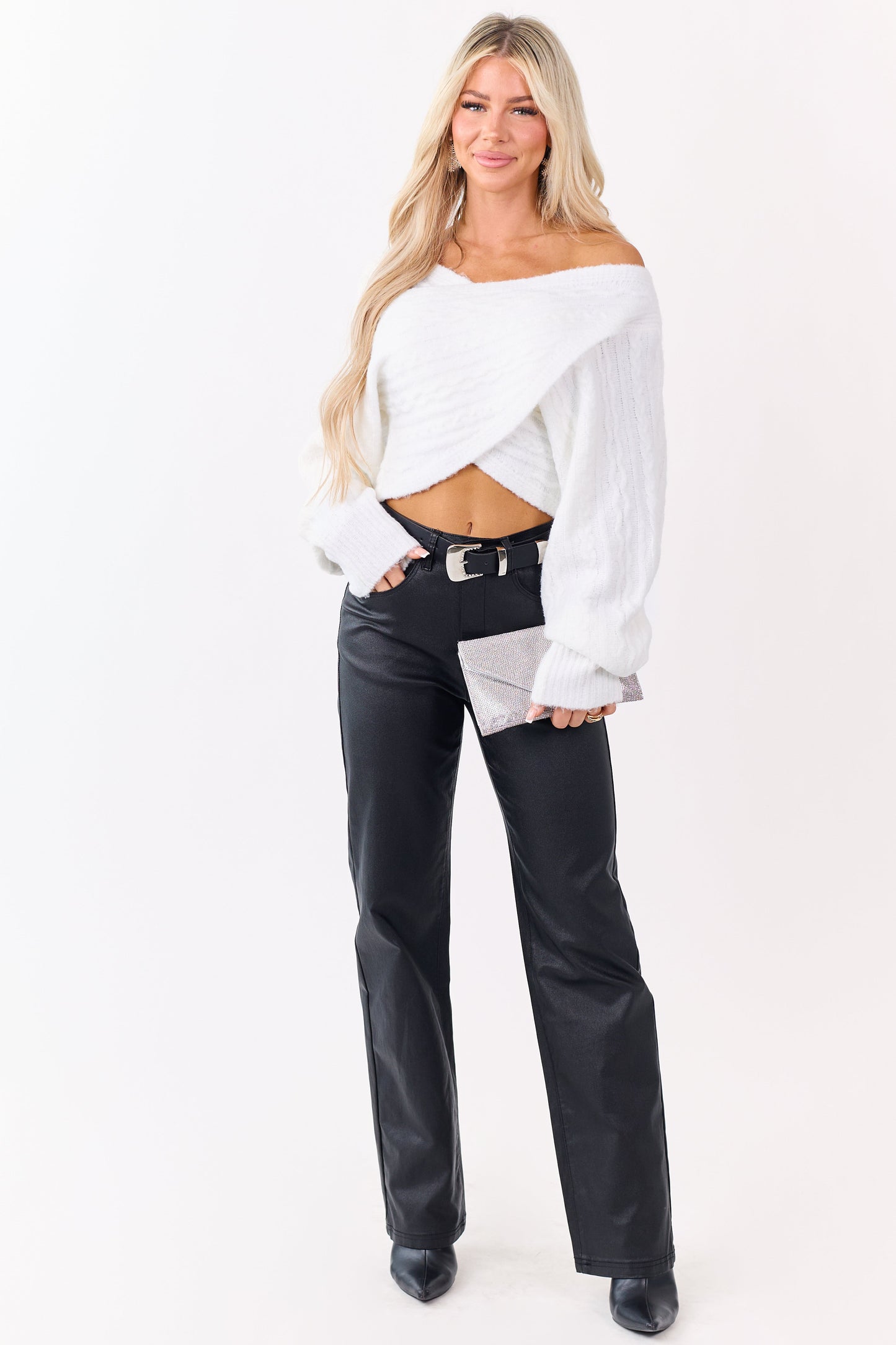 Black Metallic Faux Leather Stretchy Straight Pants