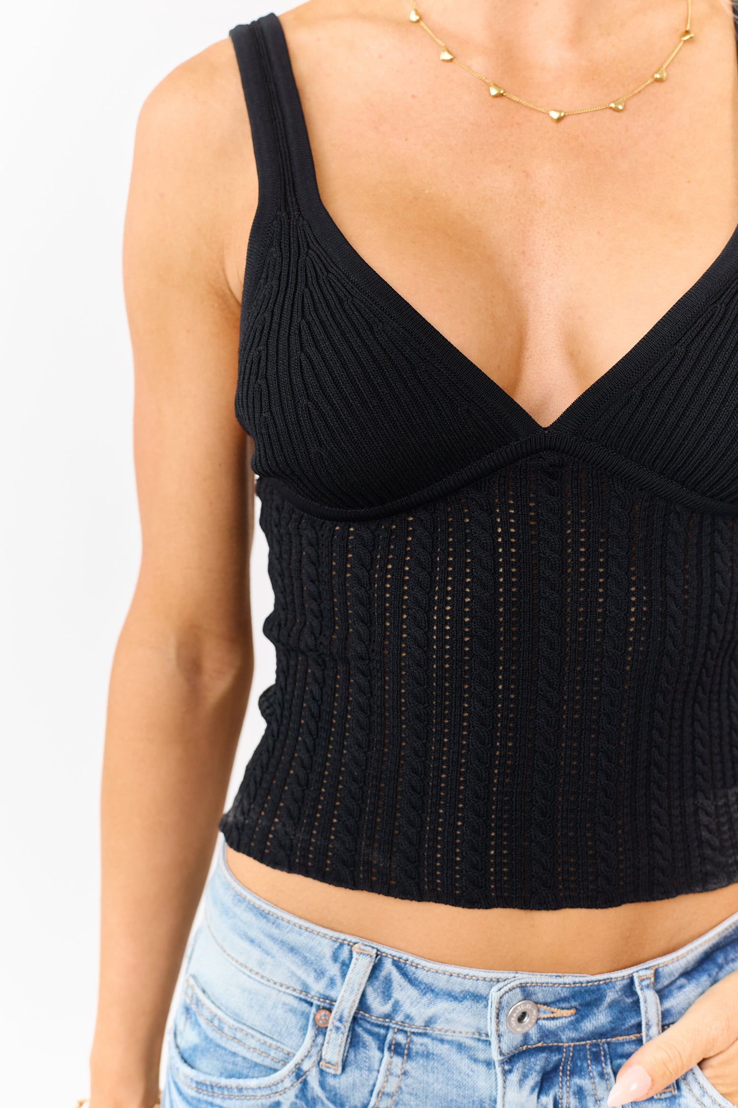 Black Pointelle Cable Knit V-Neck Tank Top