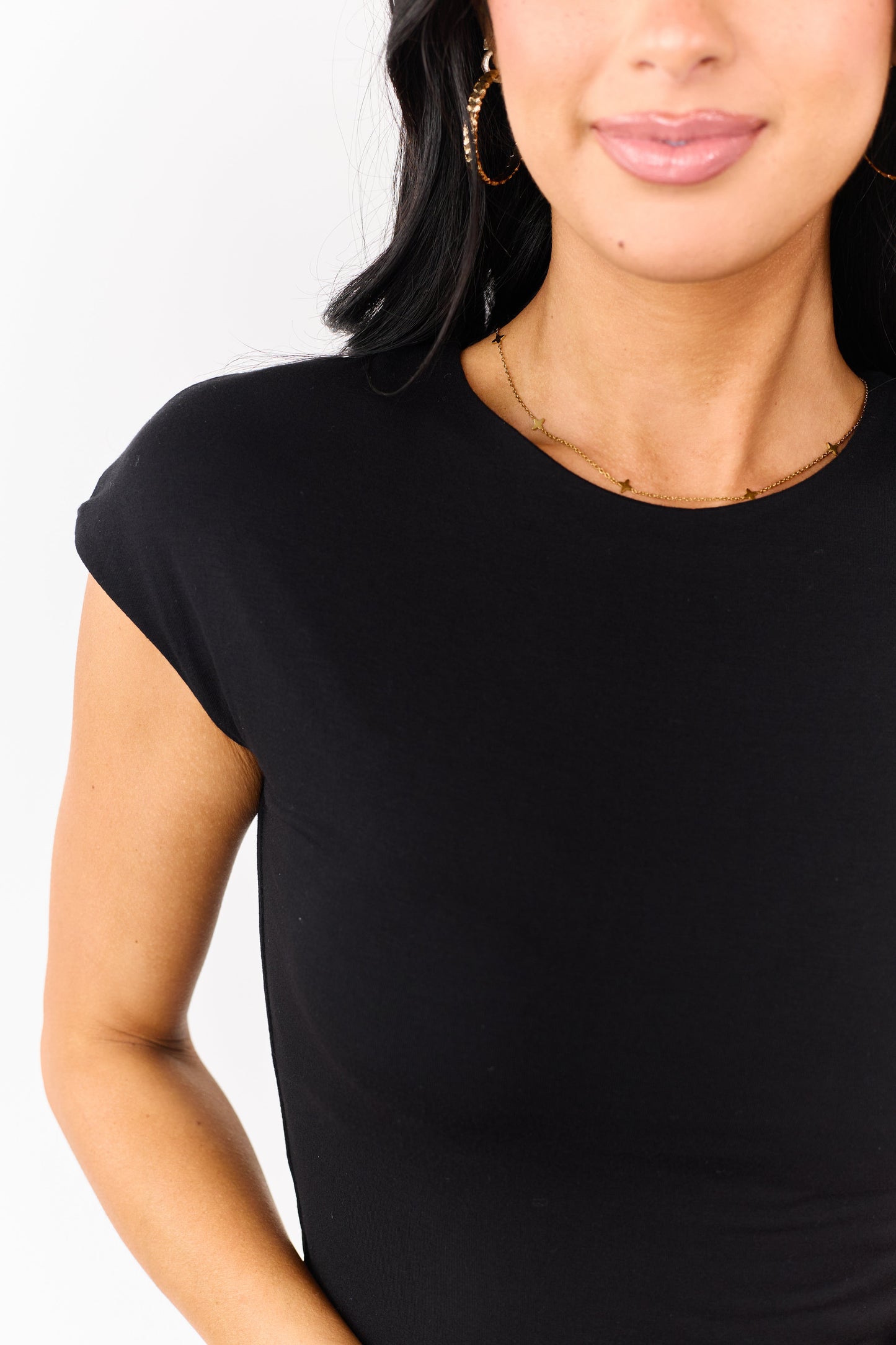 Black Soft Knit Round Neck Cap Sleeve Top