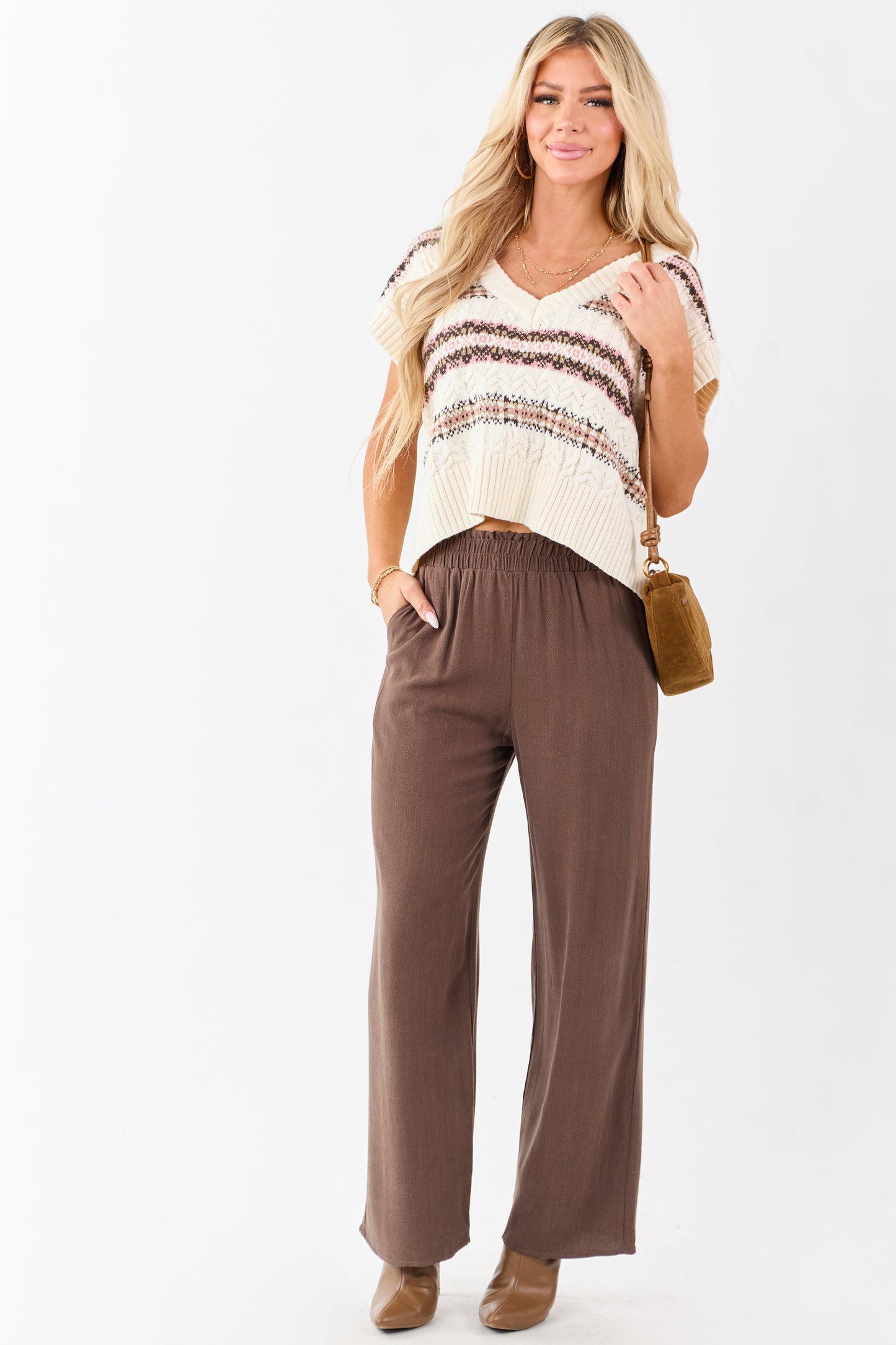 Coffee Smocked Waistband Wide Leg Linen Blend Pants