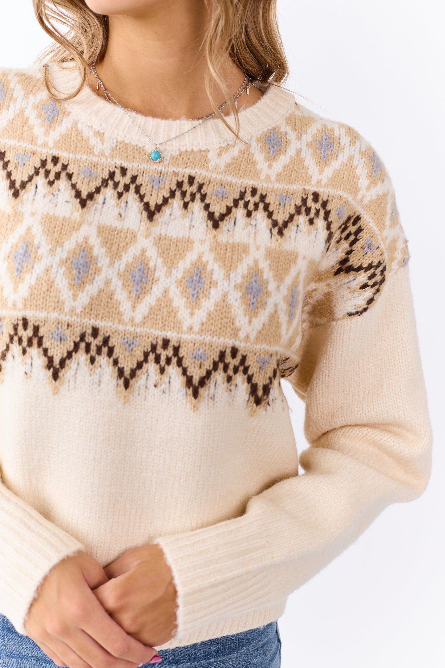 Cream Fair Isle Knit Crew Neck Long Sleeve Sweater