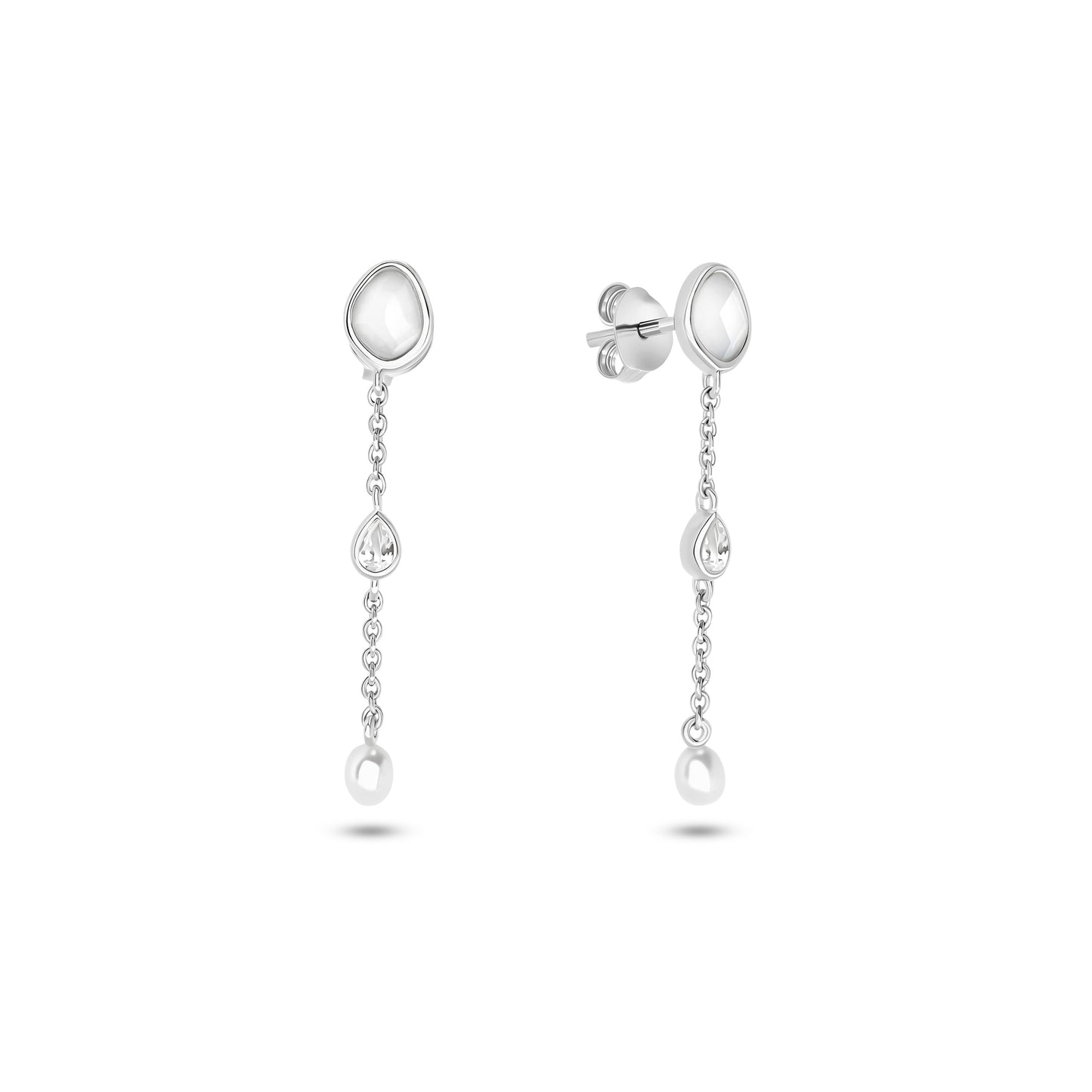 Modern Elegance Quartz & Pearl Drop Earrings (Silver)