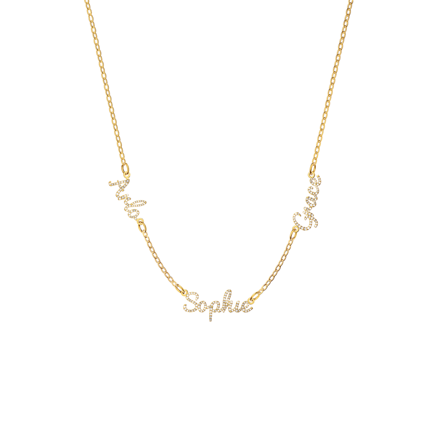 Multi Crystal Cursive Name Necklace (Gold)