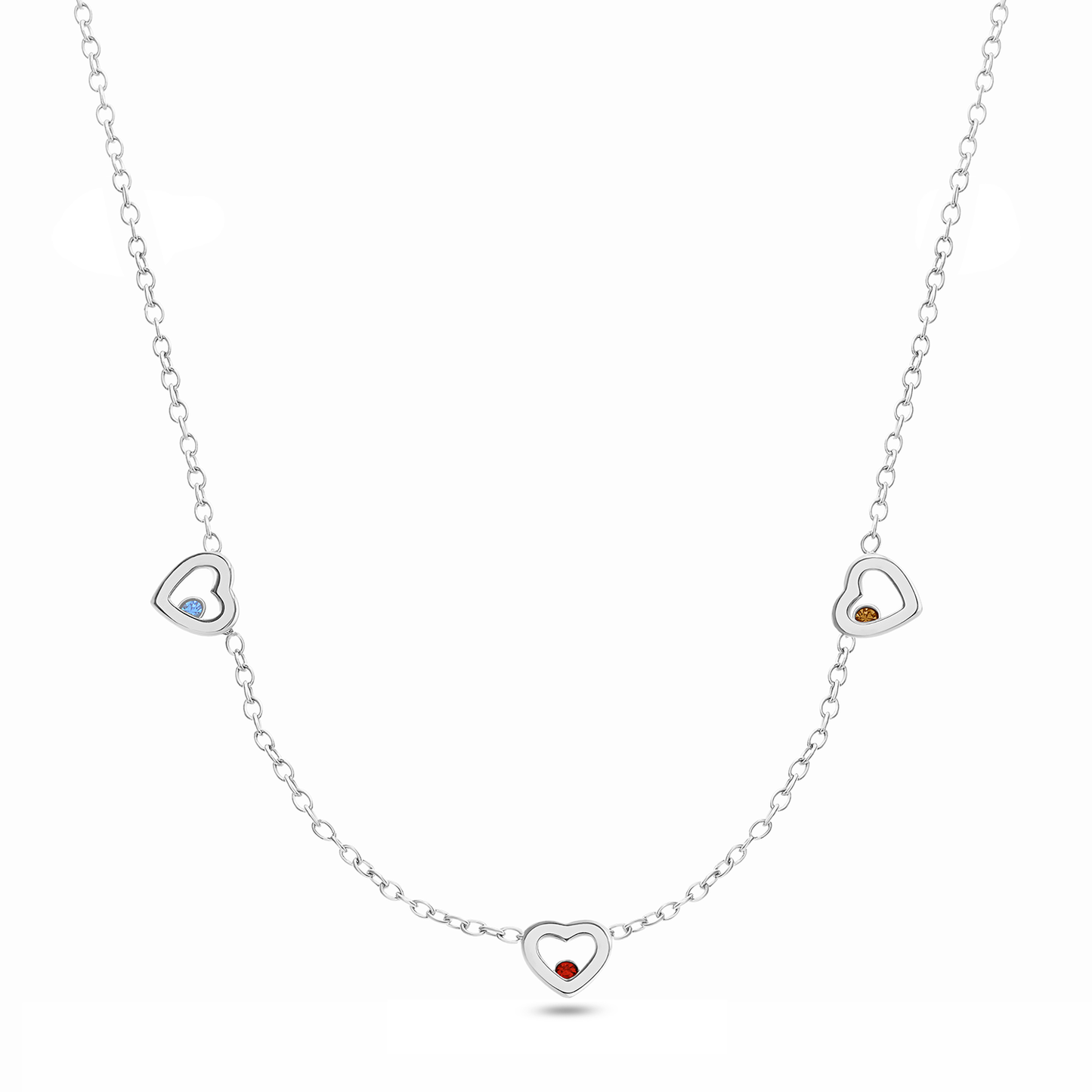 Floating Birthstone Multi Heart Necklace (Silver)