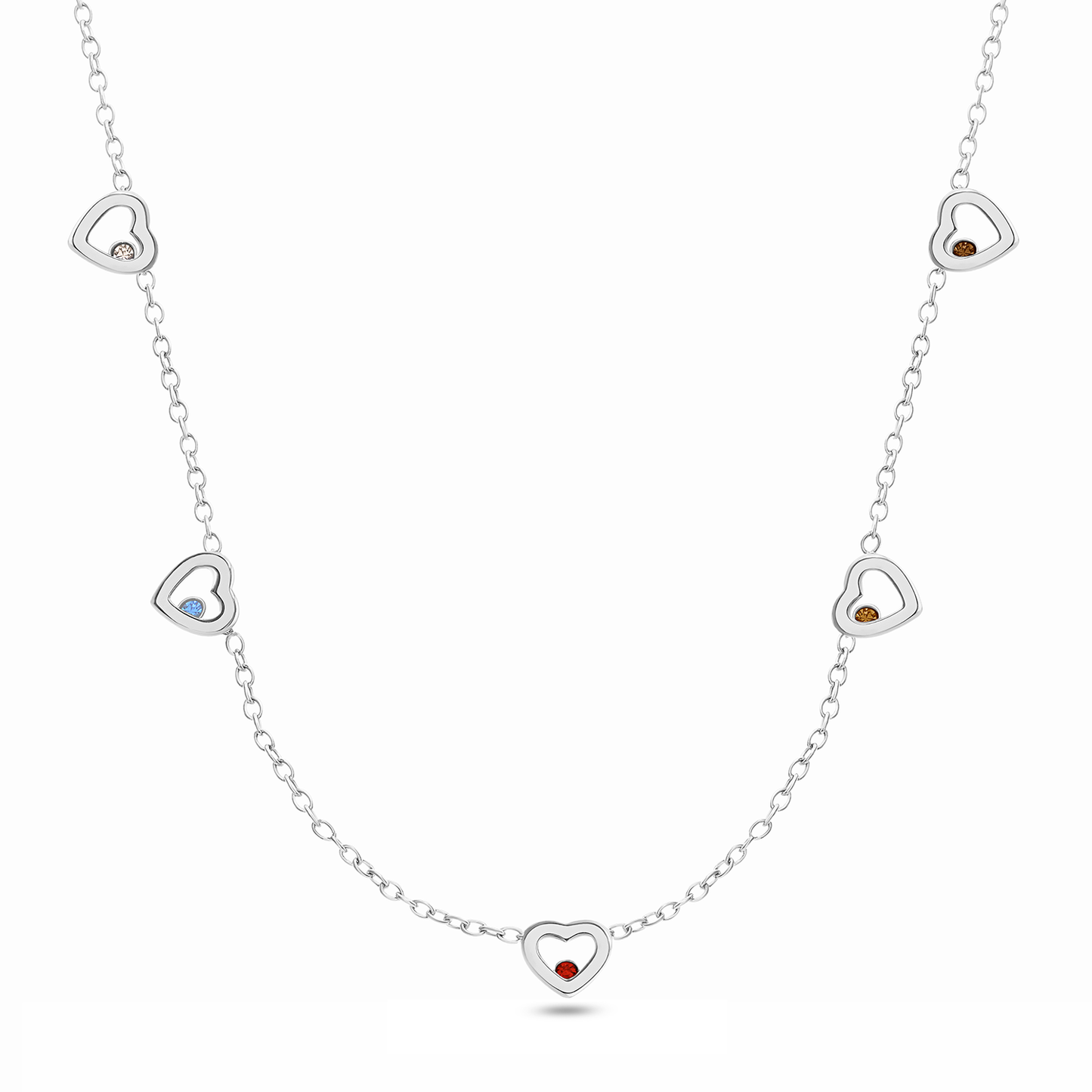 Floating Birthstone Multi Heart Necklace (Silver)