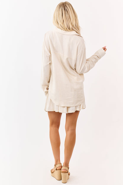 Almond Button Down Long Sleeve Top and Shorts Set