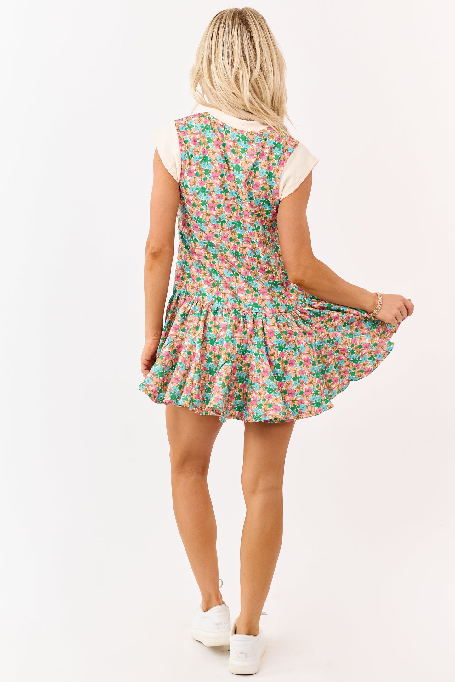 Almond Floral Print Rib Knit Trim Mini Dress