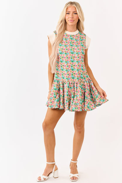 Almond Floral Print Rib Knit Trim Mini Dress