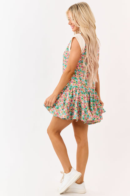 Almond Floral Print Rib Knit Trim Mini Dress