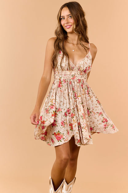 Almond Floral Print V-Neck Sleeveless Mini Dress