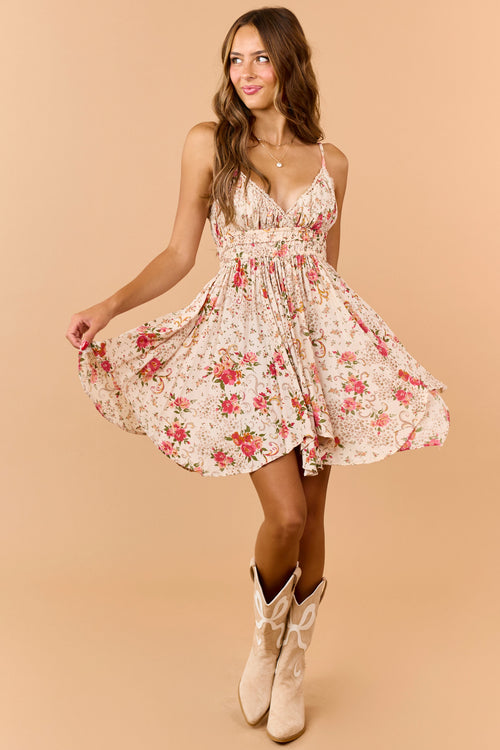 Almond Floral Print V-Neck Sleeveless Mini Dress