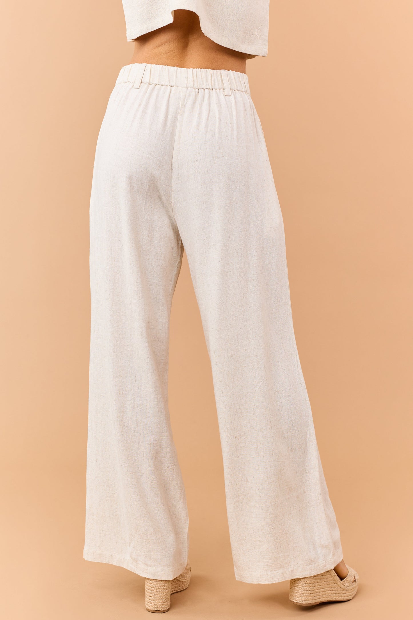 Almond Linen Blend Button Fly Wide Leg Pants