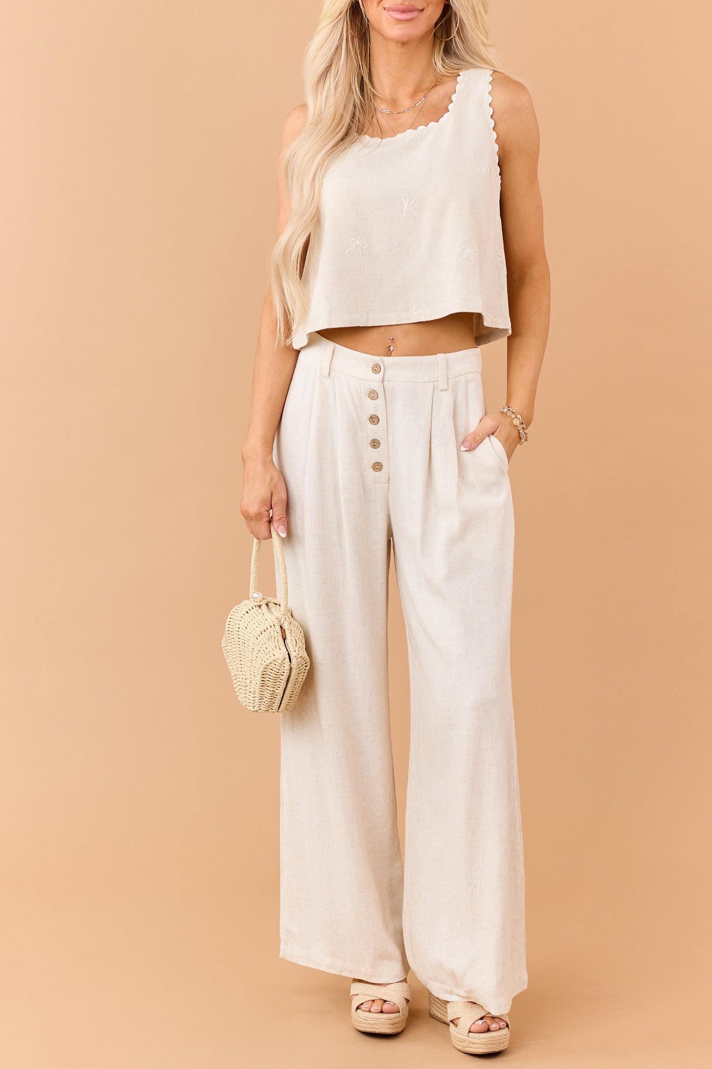 Almond Linen Blend Button Fly Wide Leg Pants