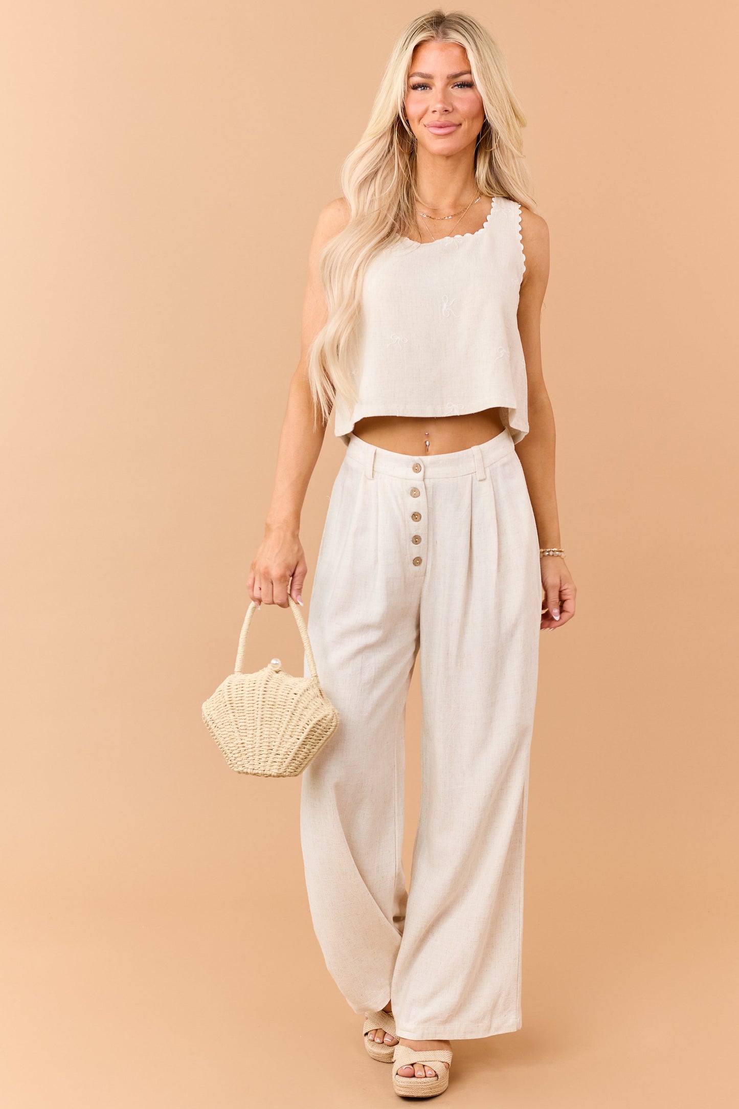 Almond Linen Blend Button Fly Wide Leg Pants