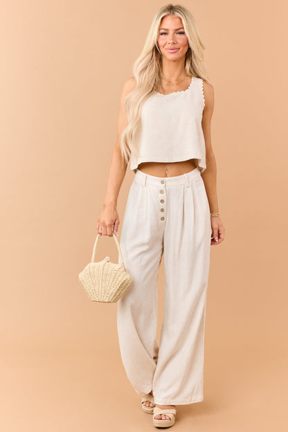 Almond Linen Blend Button Fly Wide Leg Pants