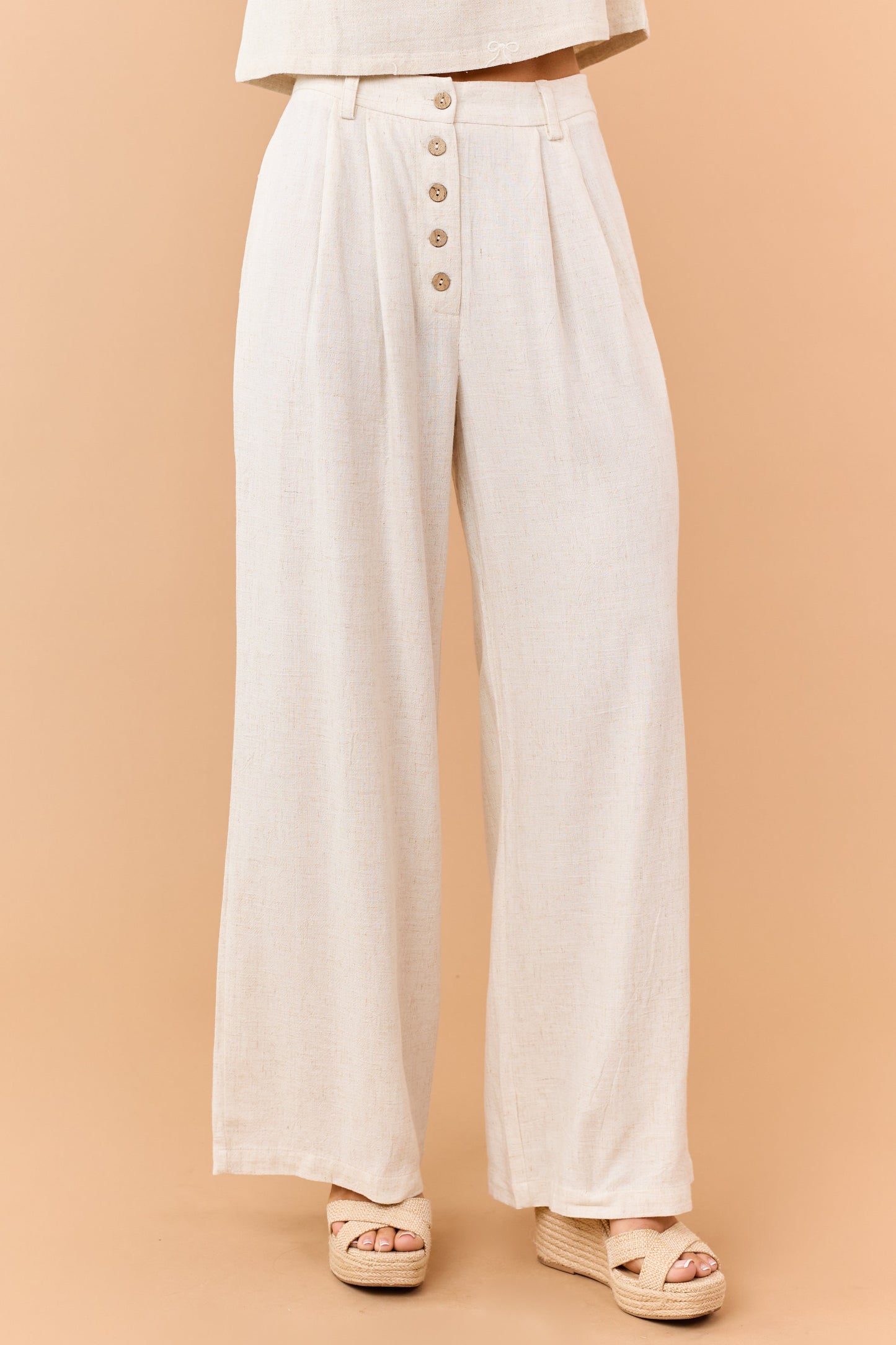 Almond Linen Blend Button Fly Wide Leg Pants