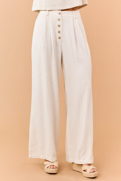 Almond Linen Blend Button Fly Wide Leg Pants