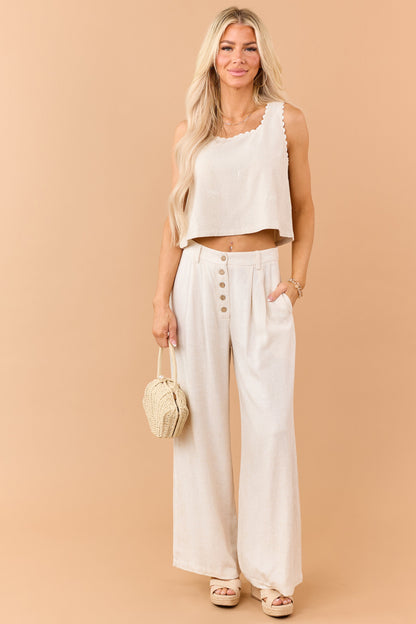 Almond Linen Blend Button Fly Wide Leg Pants