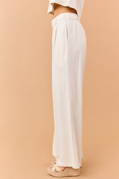 Almond Linen Blend Button Fly Wide Leg Pants