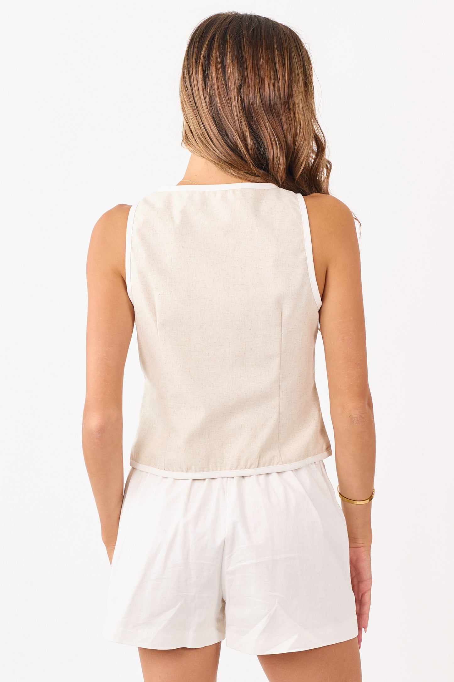 Almond Linen Blend Button Up Vest Top