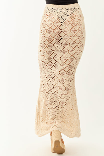 Almond Open Pointelle Crochet Mermaid Maxi Skirt