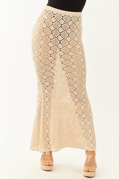 Almond Open Pointelle Crochet Mermaid Maxi Skirt