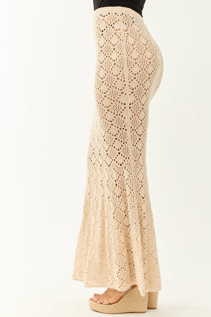 Almond Open Pointelle Crochet Mermaid Maxi Skirt