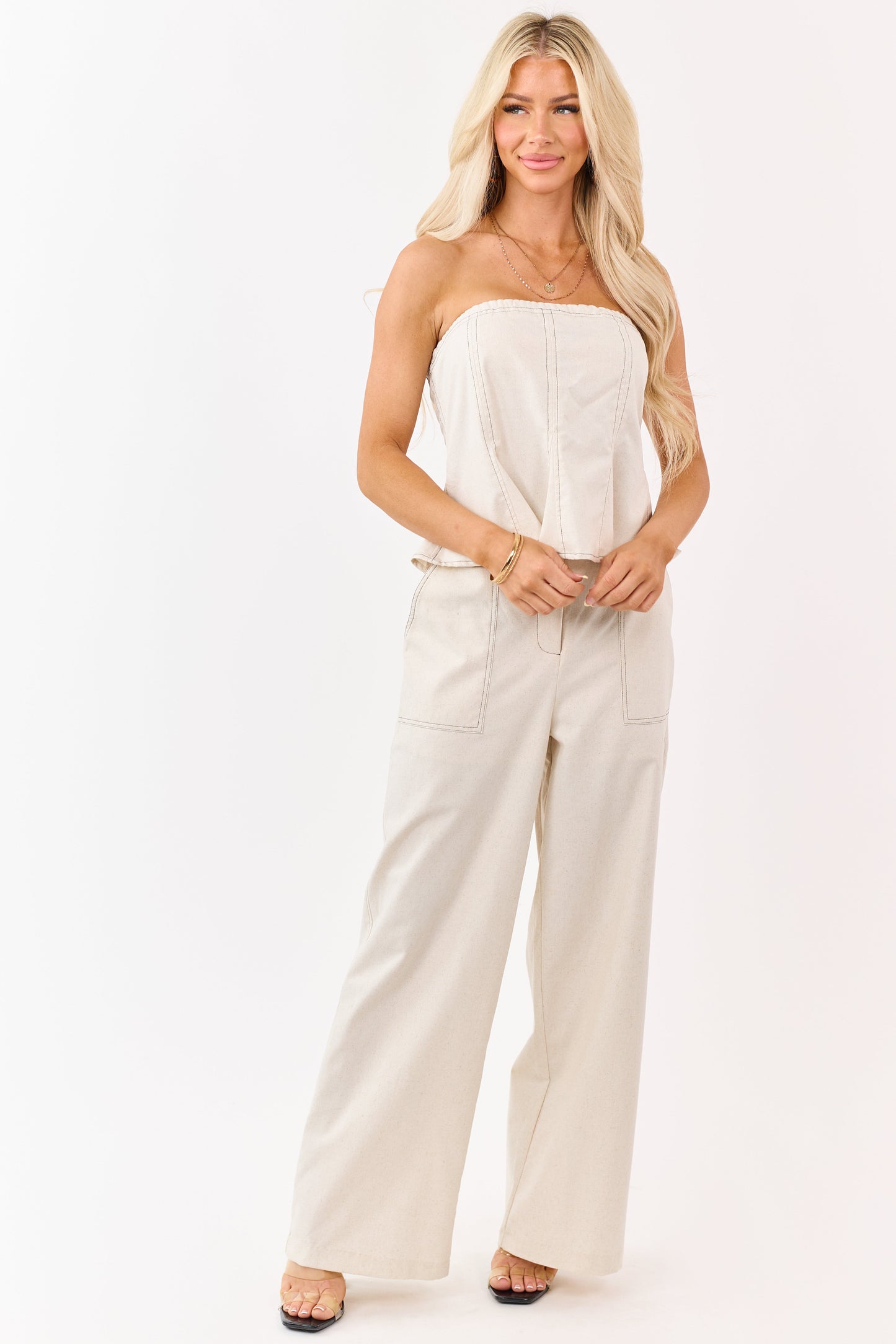 Almond Strapless Linen Blend Peplum Top
