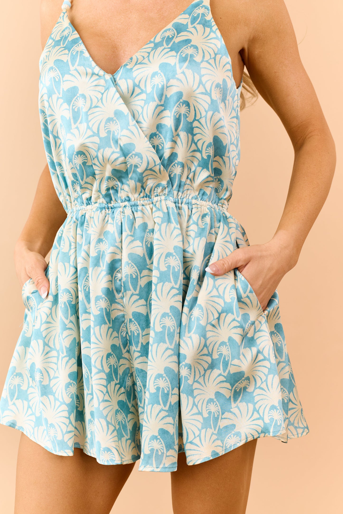 Arctic Blue Tropical Print Surplice Satin Romper