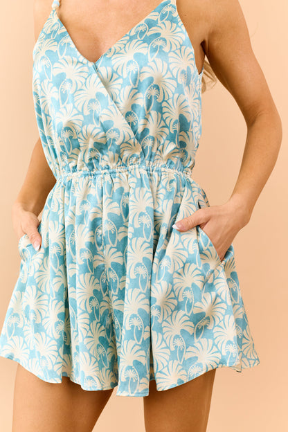 Arctic Blue Tropical Print Surplice Satin Romper