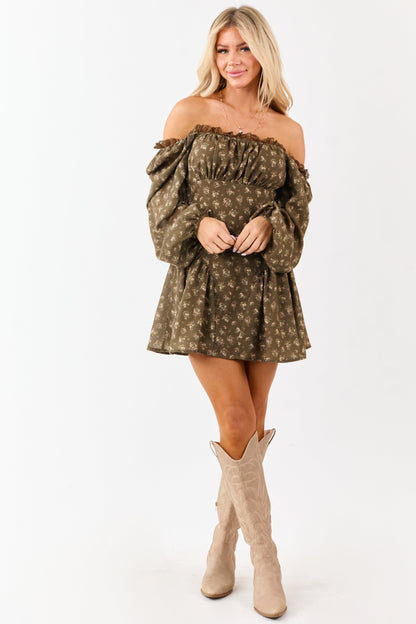 Army Green Floral Lace Trim Square Neck Mini Dress