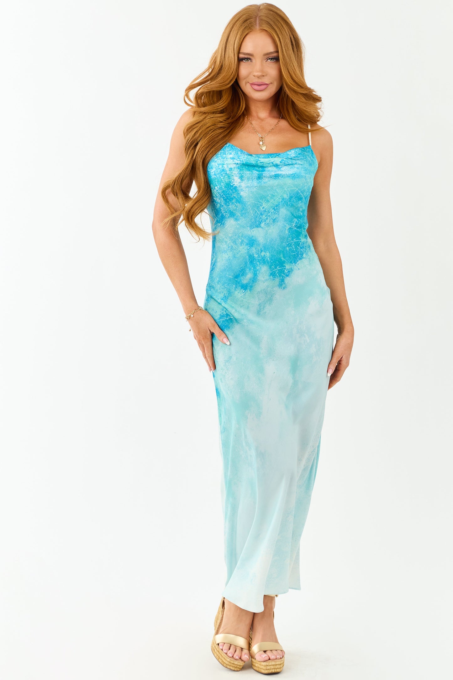 Azure Ombre Cowl Neck Sleeveless Maxi Dress