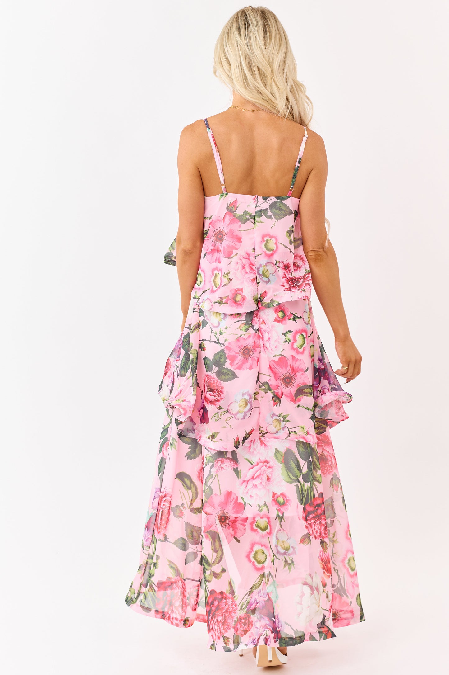 Baby Pink Chiffon Floral Print Tiered Maxi Dress