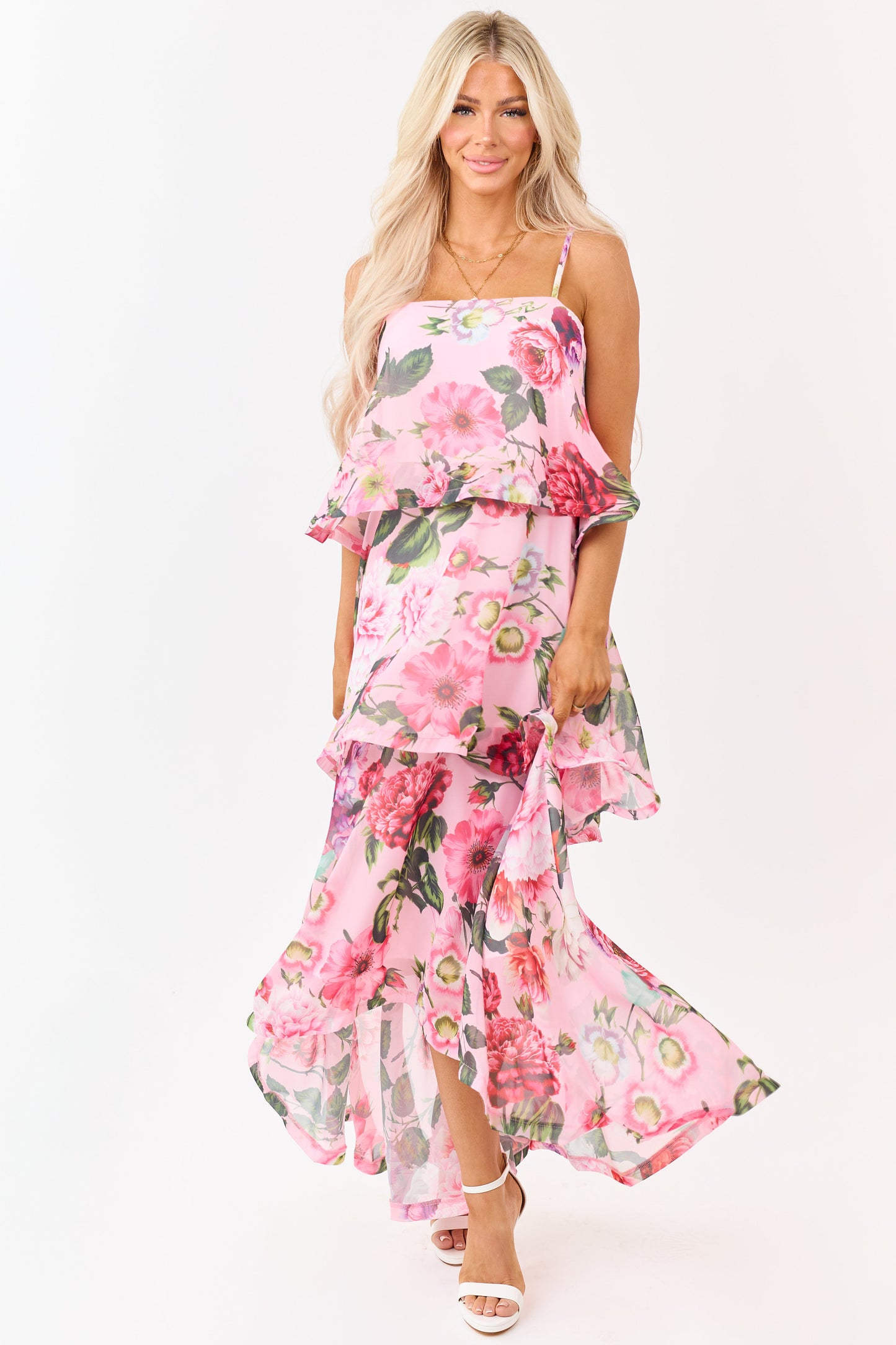 Baby Pink Chiffon Floral Print Tiered Maxi Dress