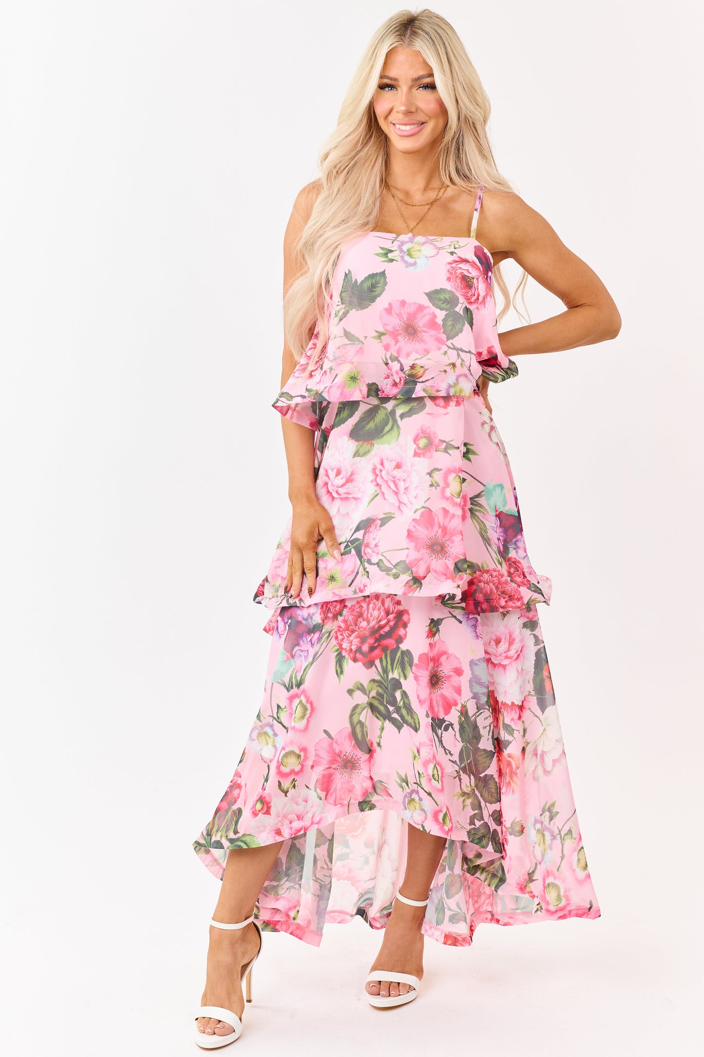 Baby Pink Chiffon Floral Print Tiered Maxi Dress