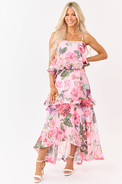 Baby Pink Chiffon Floral Print Tiered Maxi Dress
