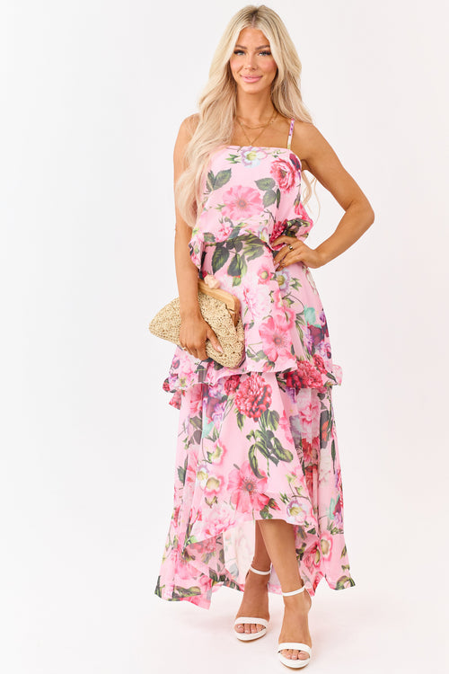 Baby Pink Chiffon Floral Print Tiered Maxi Dress