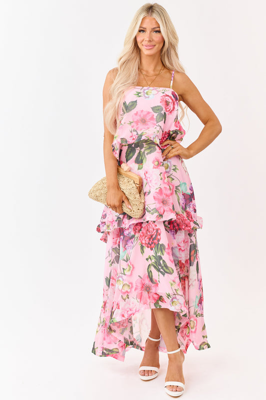 Baby Pink Chiffon Floral Print Tiered Maxi Dress
