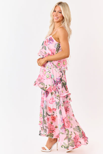 Baby Pink Chiffon Floral Print Tiered Maxi Dress