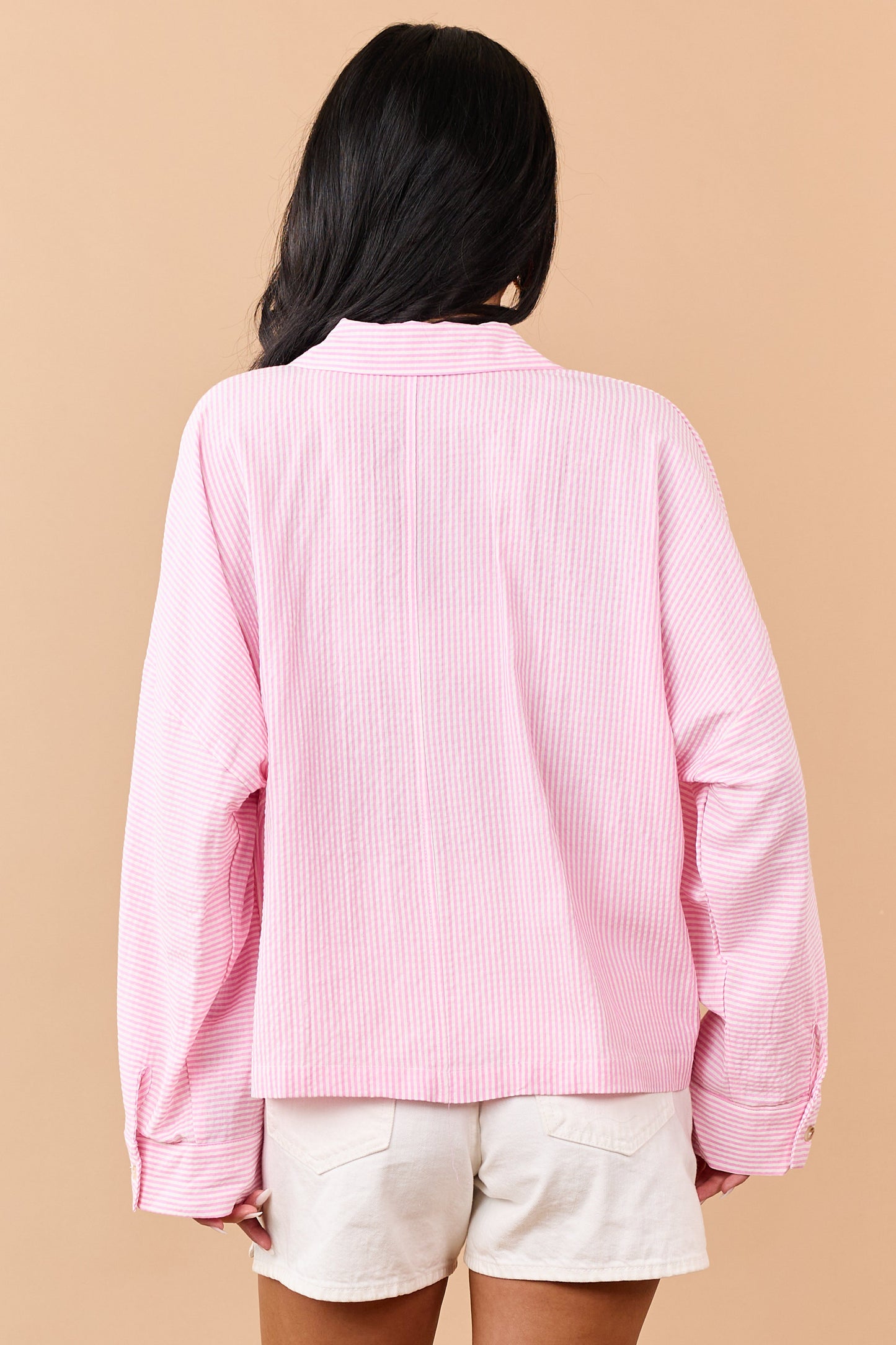 Baby Pink Striped Button Down Long Sleeve Top