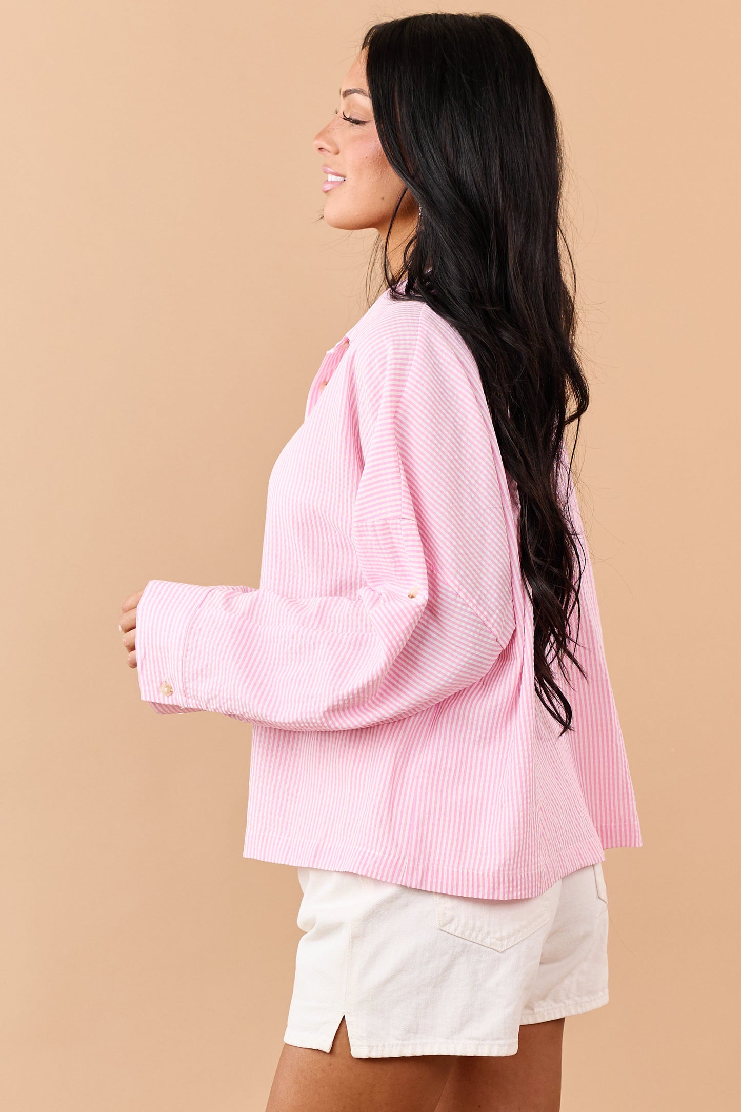 Baby Pink Striped Button Down Long Sleeve Top