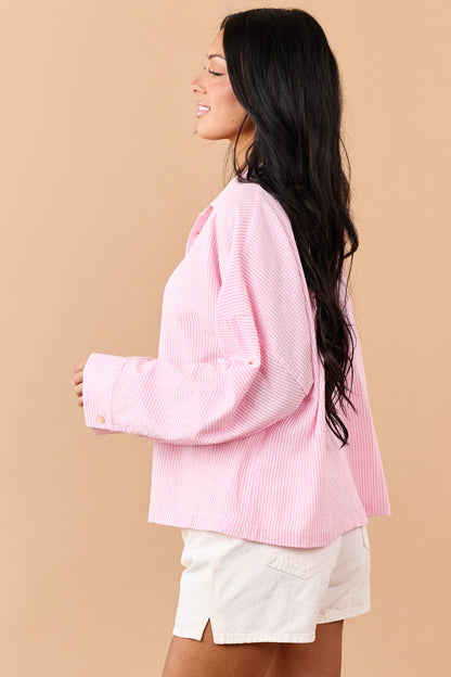 Baby Pink Striped Button Down Long Sleeve Top