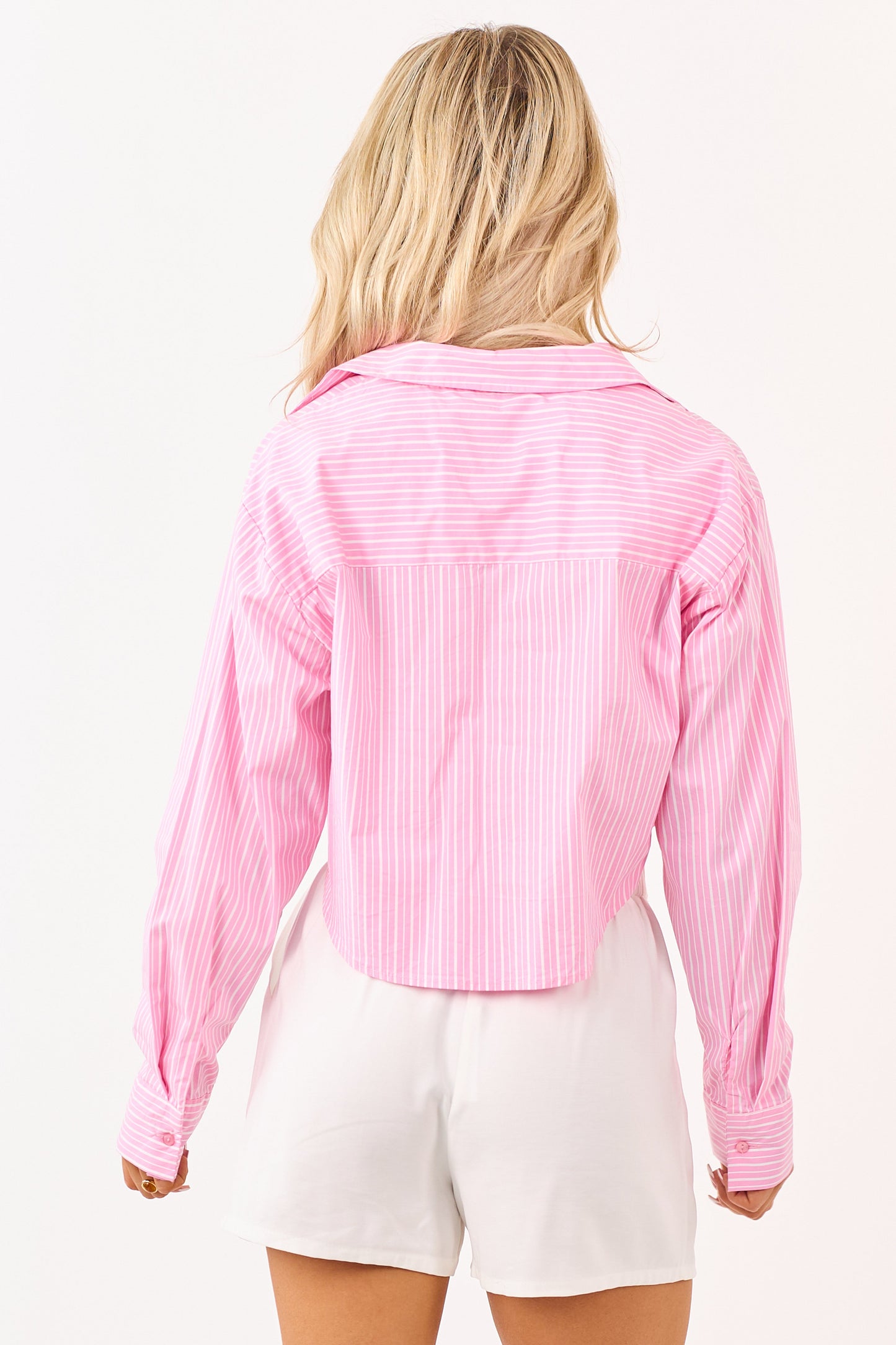 Baby Pink Striped Long Sleeve Button Up Top