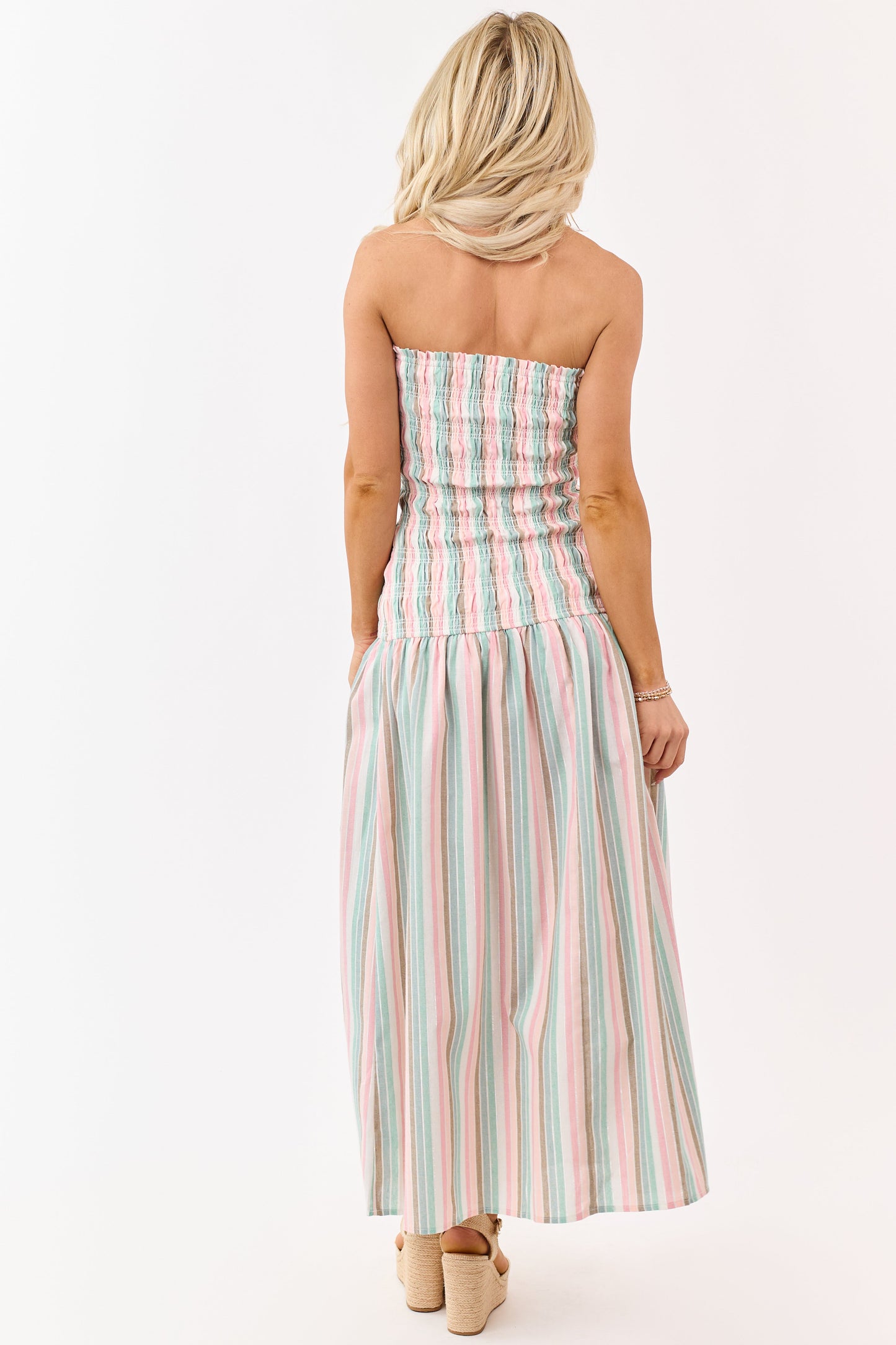 Baby Pink Striped Smocked Strapless Maxi Dress